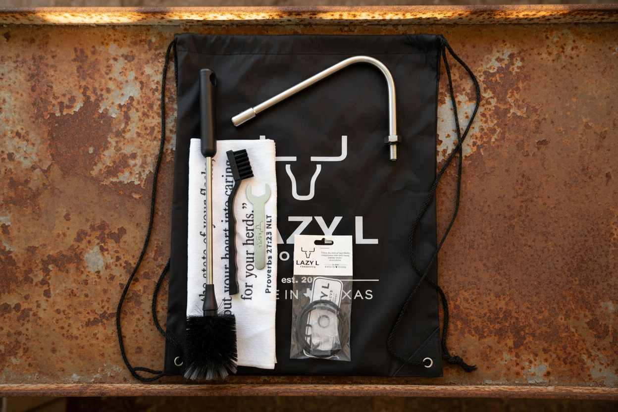 14-Inch Side Drench Nozzle Kit on aged galvanized metal shelf